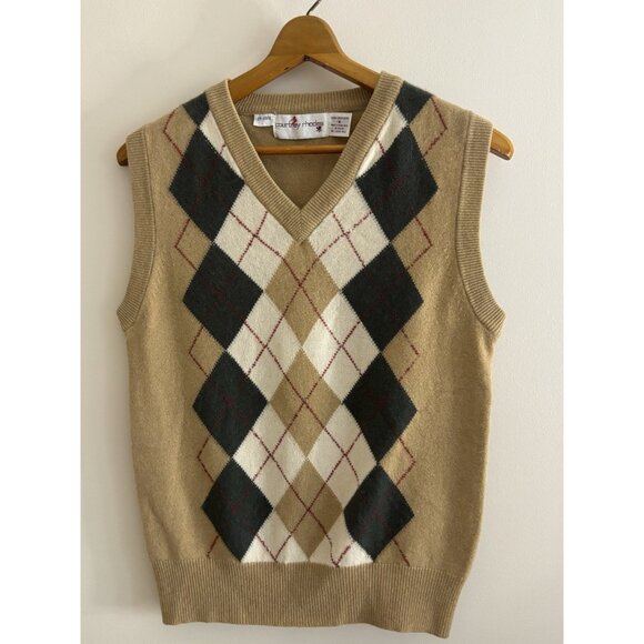 Vintage 80s Courtney Rhodes 100% Cashmere Sweater Vest 42’ Small Tan Green Ivory - Picture 1 of 9